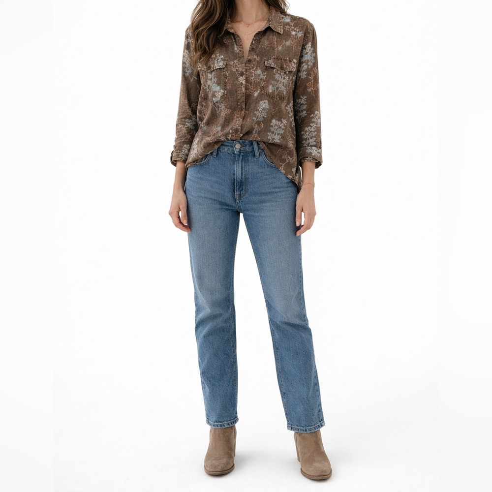 Back In The Saddle Floral Brown Button-Up Women's Top - Picture 2 of 5